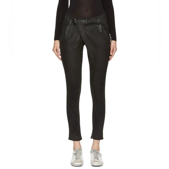 R13 Women’s X Over Slim Jeans in Waxed Black Size 25 Gothic Denim Crossover - Picture 1 of 10